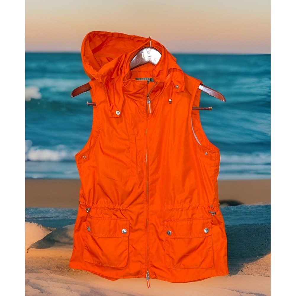 Lauren Ralph Lauren Rain Vest Women S Orange Hoodie Preppy Pockets Drawstring